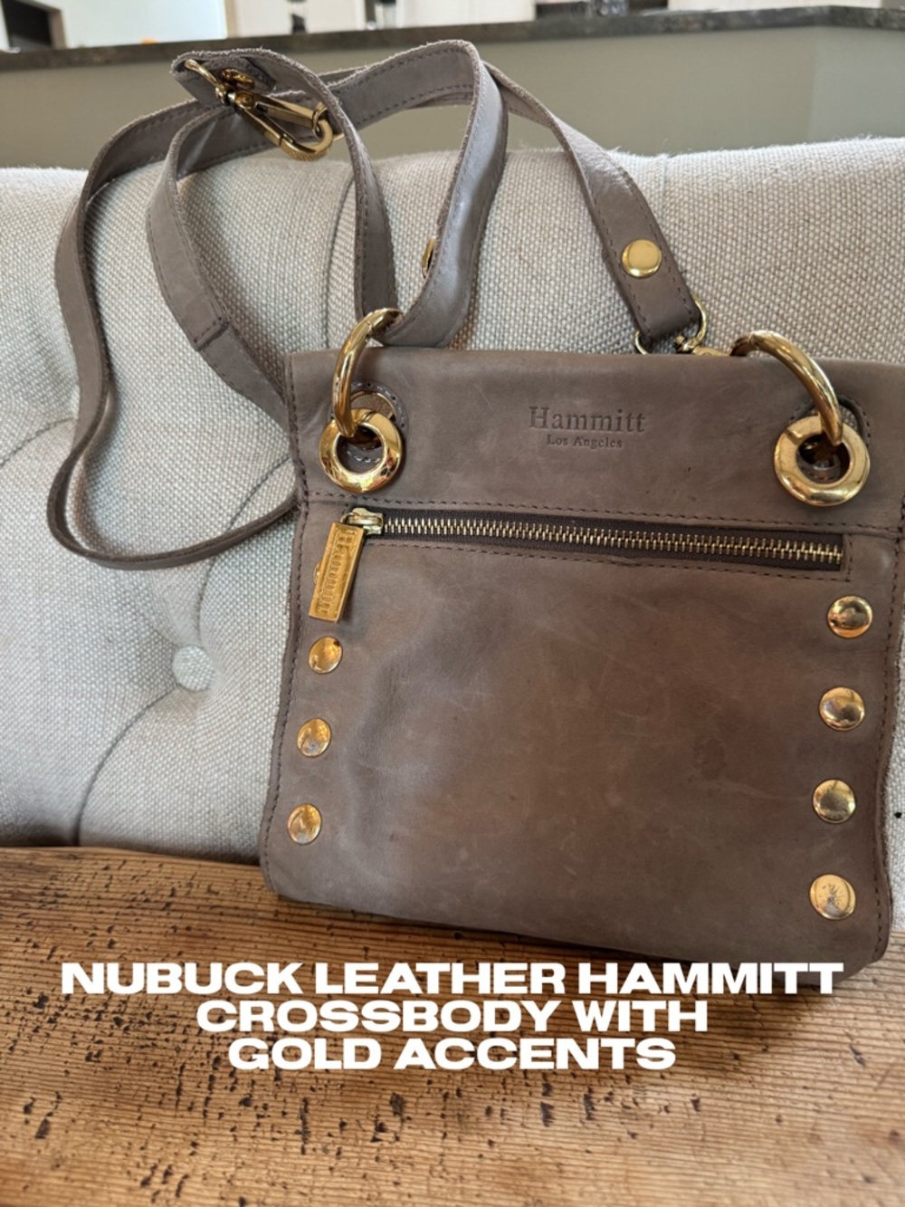 Hammitt Women’s Leather Crossbody Bag — Taupe with Gold Accents